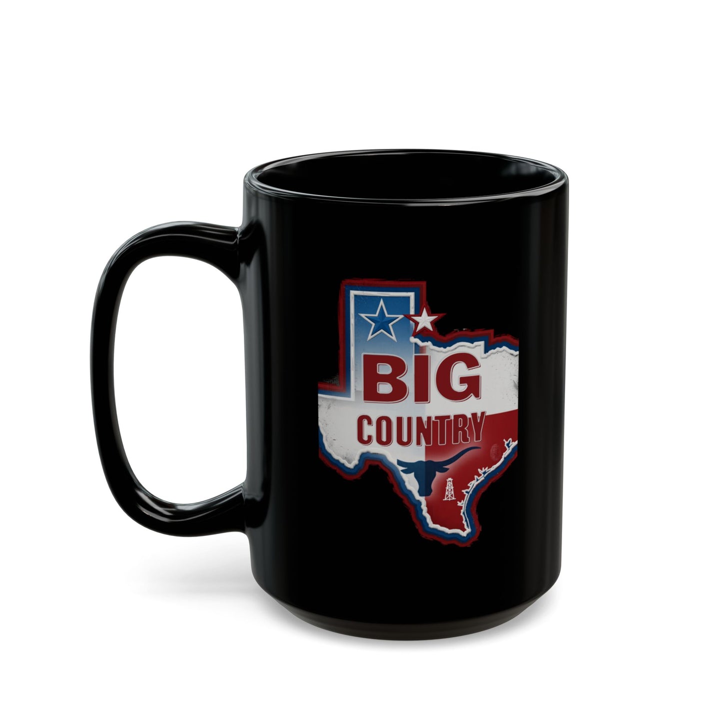 Black mug with Texas outline featuring "Big Country" in red, white, and blue.