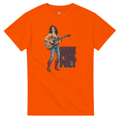 Woman wearing a red t-shirt with a graphic design, holding shopping bags in a mall.