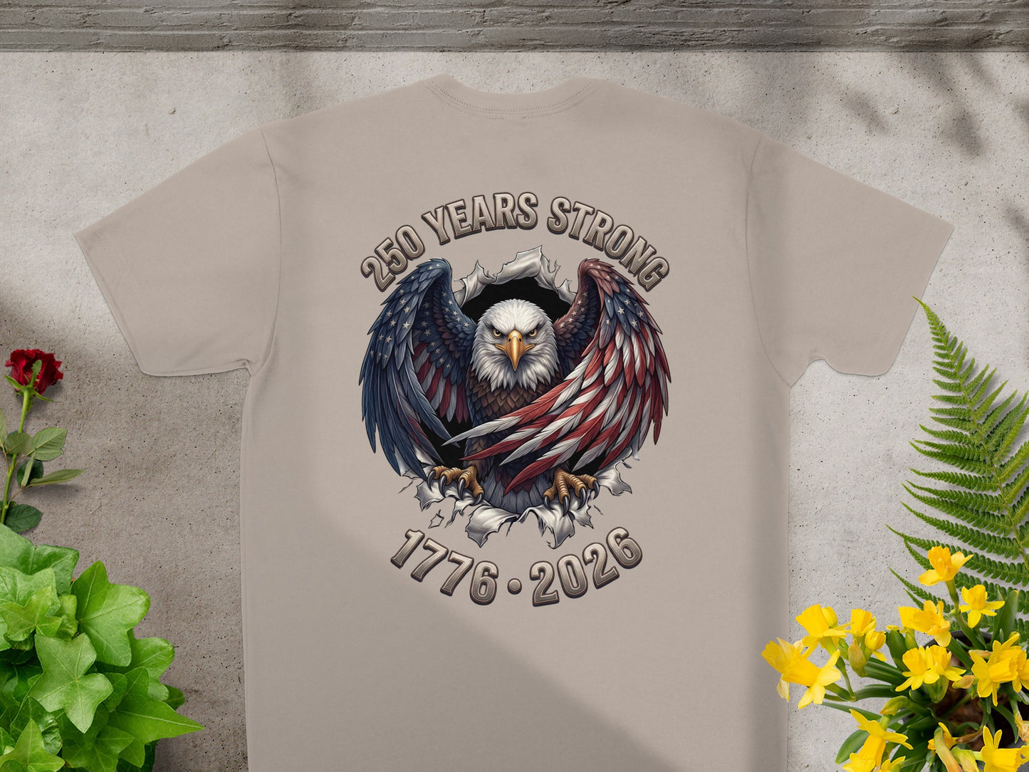 Eagle with American flag wings, text "250 Years Strong 1776-2026".