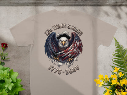 Eagle with American flag wings, text "250 Years Strong 1776-2026".