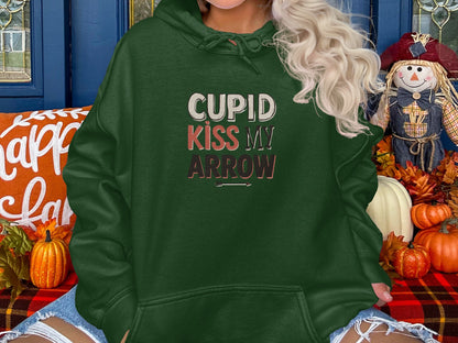Cupid Kiss My Arrow Festive Green Cozy Hoodie