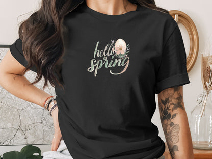 Hello Spring Graphic Tee With Floral And Egg Design Shirt