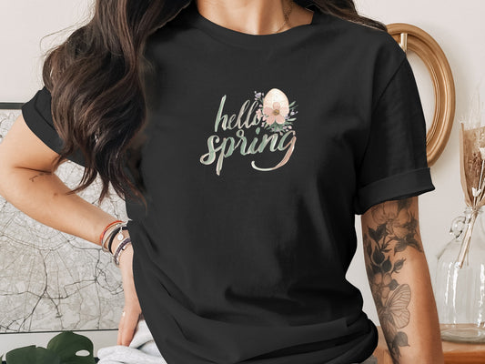 Hello Spring Graphic Tee With Floral And Egg Design Shirt