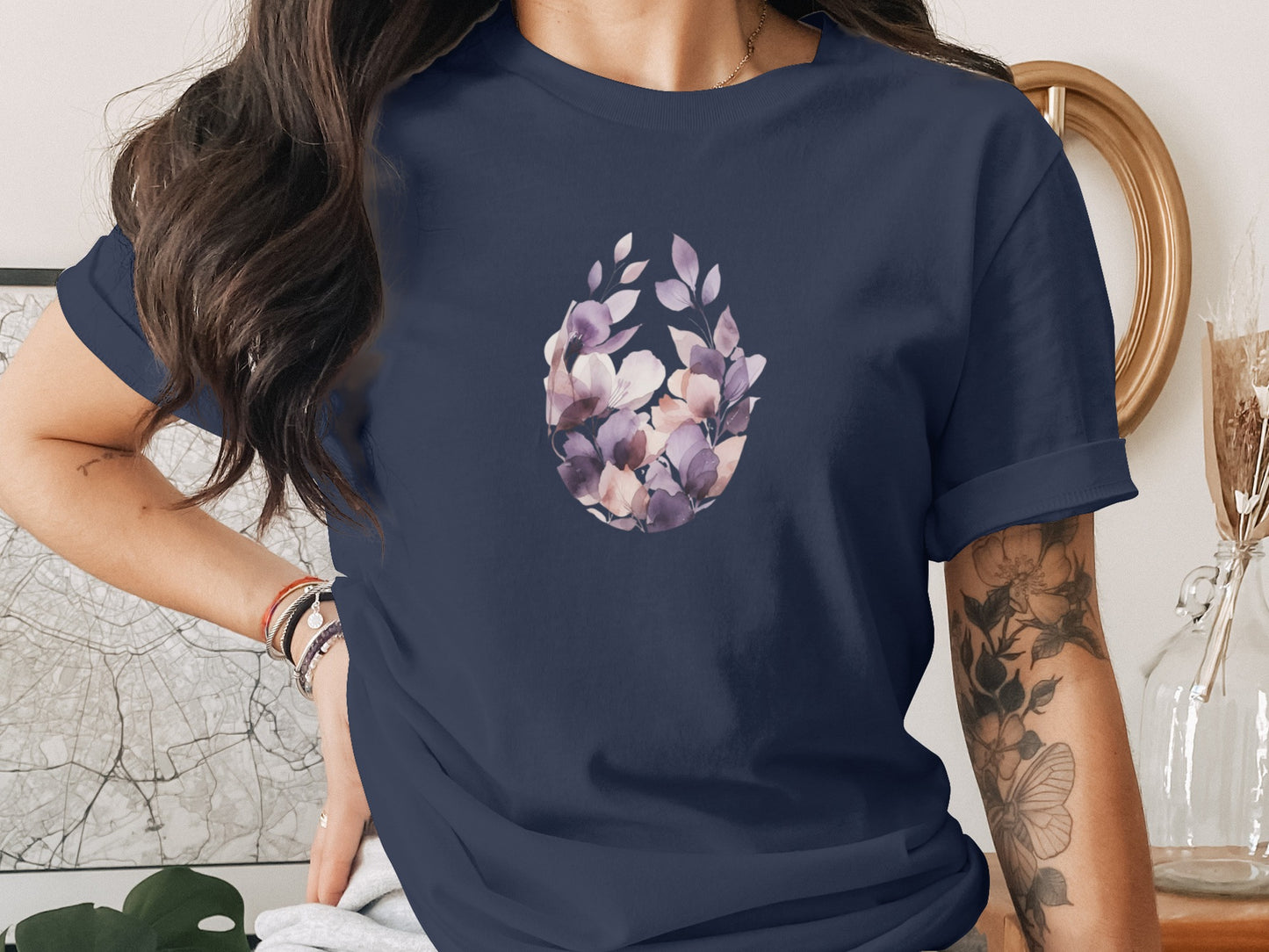 Floral Egg Design Women's Blue T-Shirt for Spring Wear