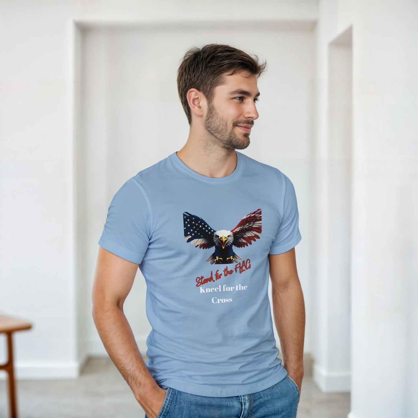 Stand for the Flag, Kneel for the Cross Patriotic Eagle on a Heavyweight T-shirt