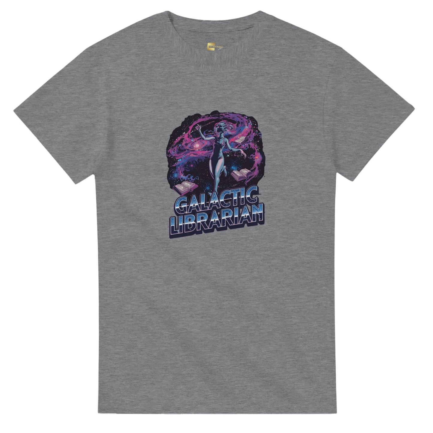 Woman wearing a red t-shirt with a graphic design, holding shopping bags in a mall.