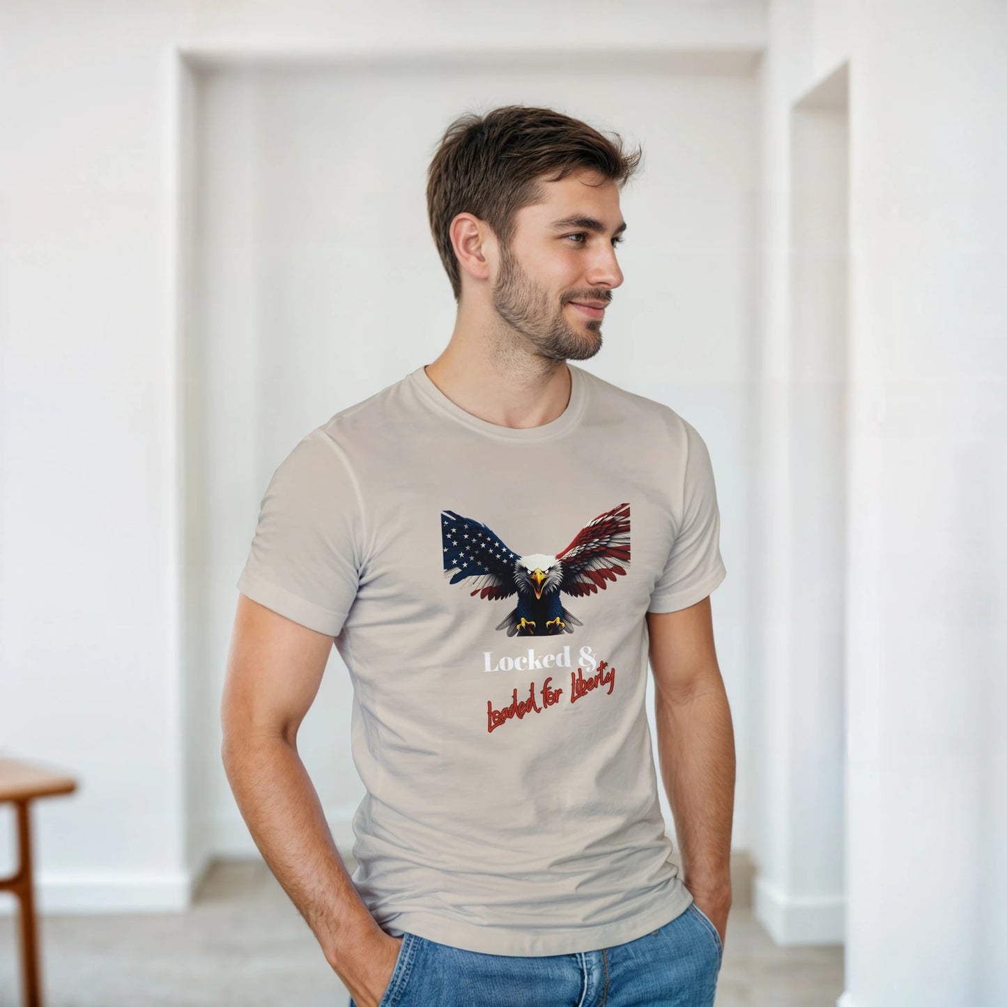 Locked & Loaded For Liberty Patriotic Eagle on a Heavyweight T-shirt