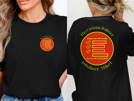 Black t-shirt with "The Curious Pollster" logo, featuring checkboxes and text.