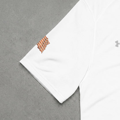 White Under Armour shirt sleeve with embroidered patch and gray logo.