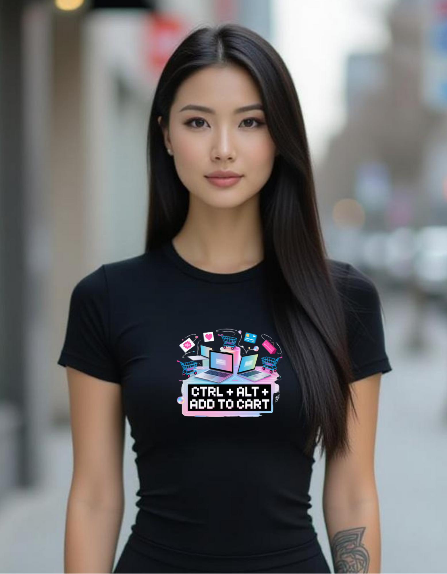 Woman wearing a black t-shirt with a colorful graphic design on a blurred street background