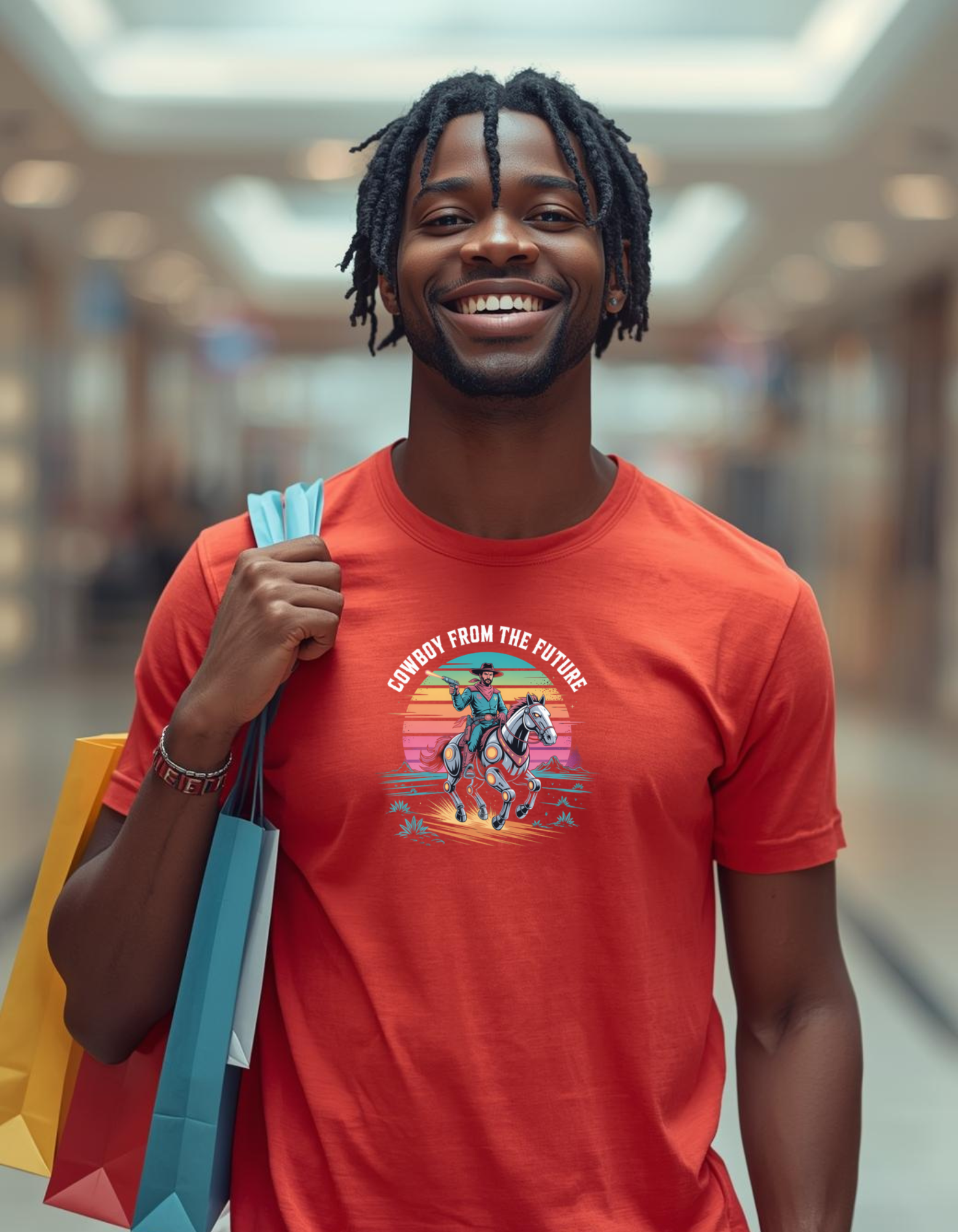 Man wearing a red t-shirt with a graphic design, holding shopping bags in a blurred indoor setting