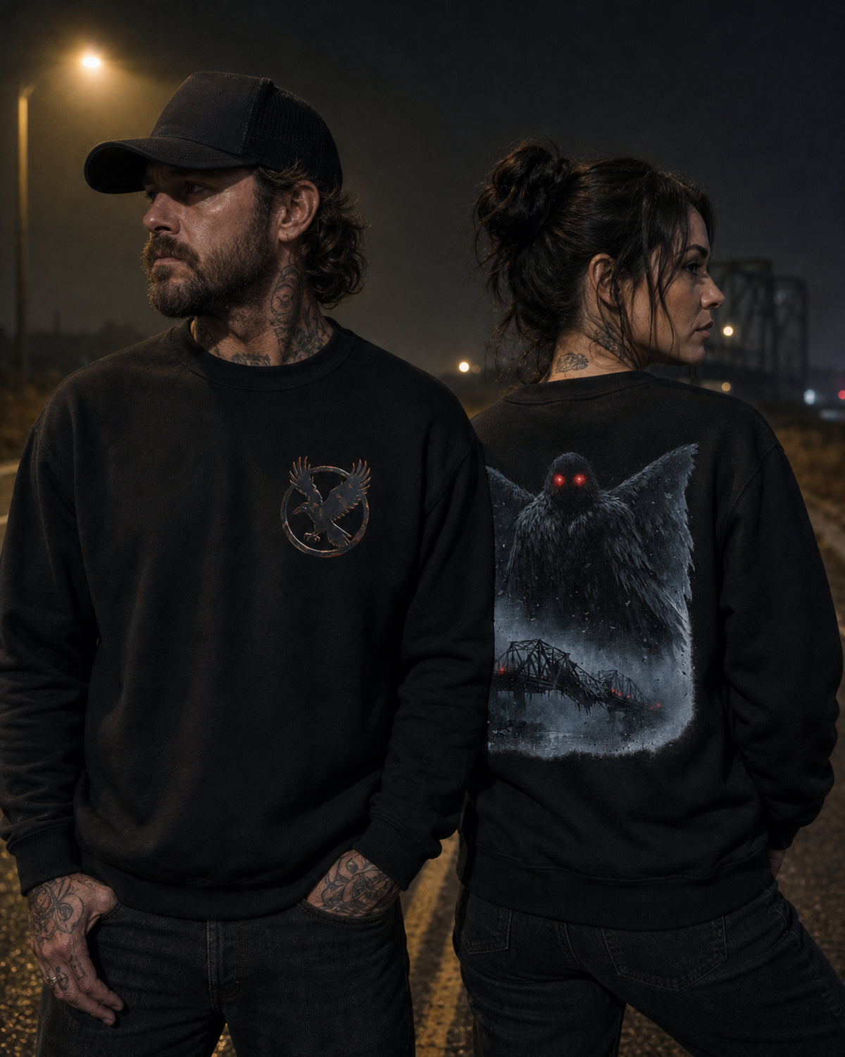 Two models wearing black Dark Folklore Series Mothman crewneck sweatshirts, front view, with the raven in flight emblem on the chest.