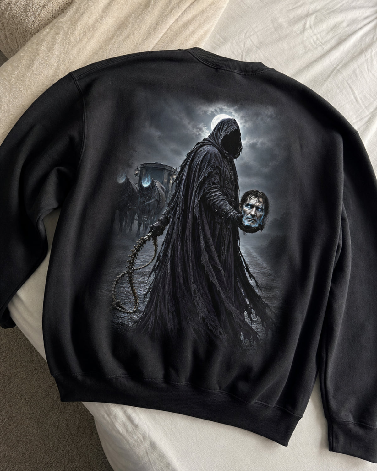Black Dark Folklore Series Dullahan crewneck sweatshirt laid flat as a product photo.