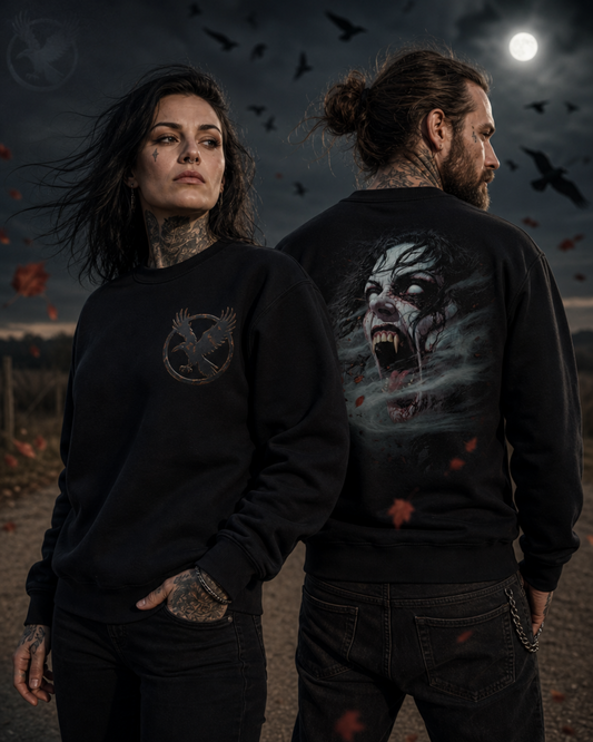 Two models wearing black Dark Folklore Series Banshee crewneck sweatshirts, front view, with the raven in flight emblem on the chest.
