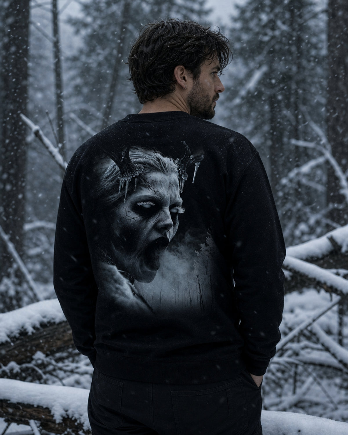 Model seen from behind wearing a black Dark Folklore Series Wendigo crewneck sweatshirt with the full back Wendigo print.