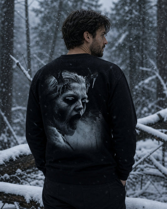Model seen from behind wearing a black Dark Folklore Series Wendigo crewneck sweatshirt with the full back Wendigo print.