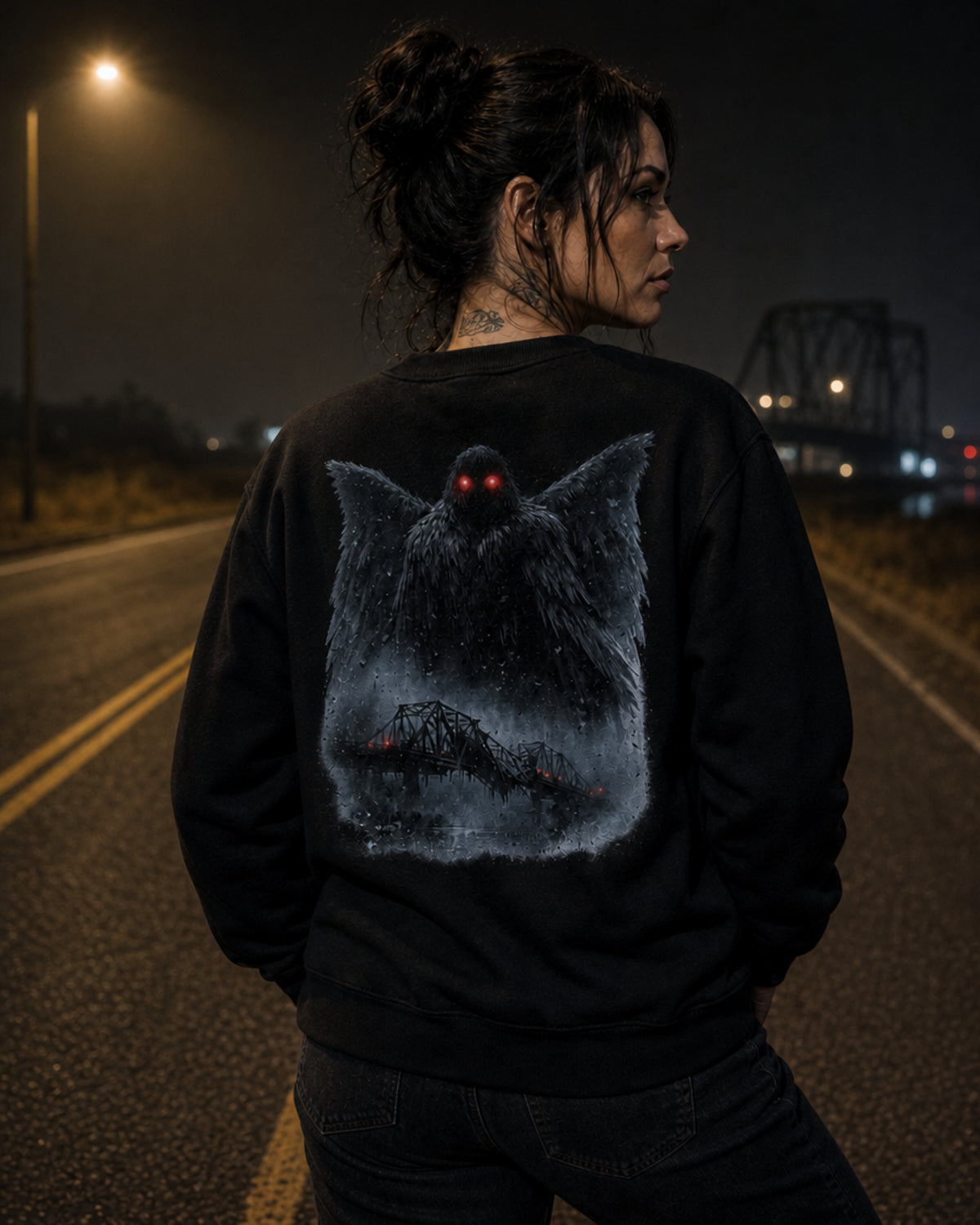 Model seen from behind wearing a black Dark Folklore Series Mothman crewneck sweatshirt with the full back Mothman print.