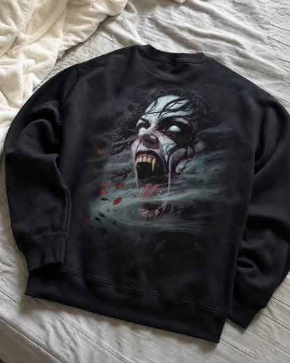 Black Dark Folklore Series Banshee crewneck sweatshirt laid flat as a product photo.