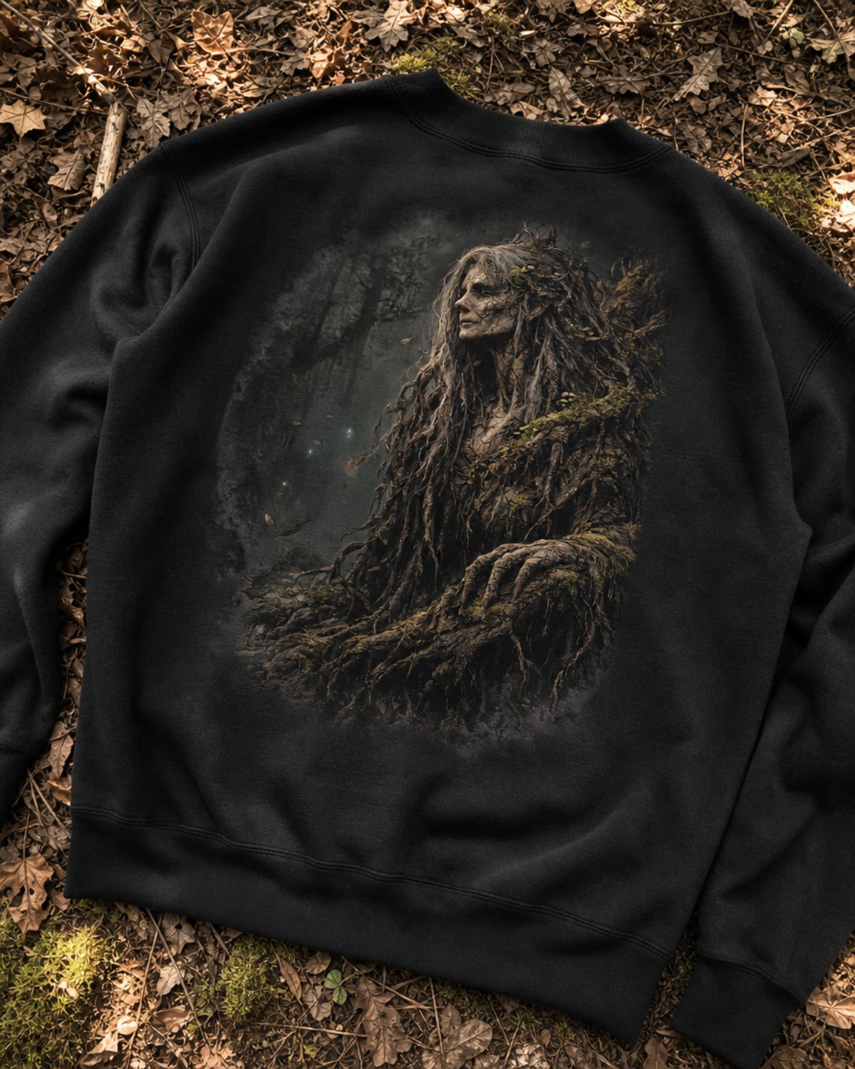 Black Dark Folklore Series Forest Witch crewneck sweatshirt laid flat as a product photo.