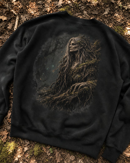 Black Dark Folklore Series Forest Witch crewneck sweatshirt laid flat as a product photo.