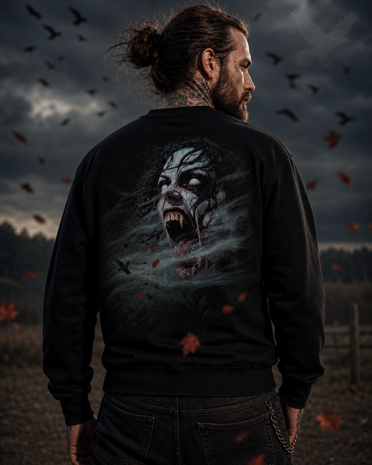 Model seen from behind wearing a black Dark Folklore Series Banshee crewneck sweatshirt with the full back Banshee print.