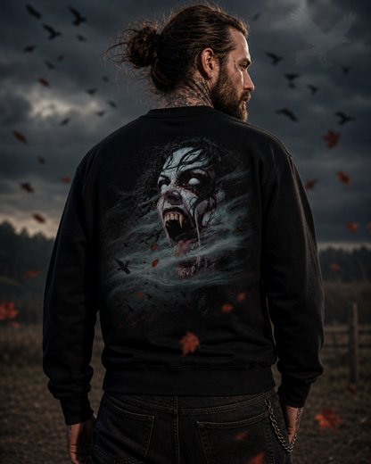 Model seen from behind wearing a black Dark Folklore Series Banshee crewneck sweatshirt with the full back Banshee print.