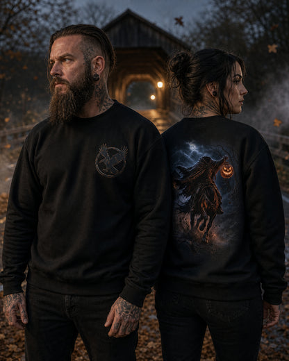 Two models wearing black Dark Folklore Series Headless Horseman crewneck sweatshirts, front view, with the raven in flight emblem on the chest.