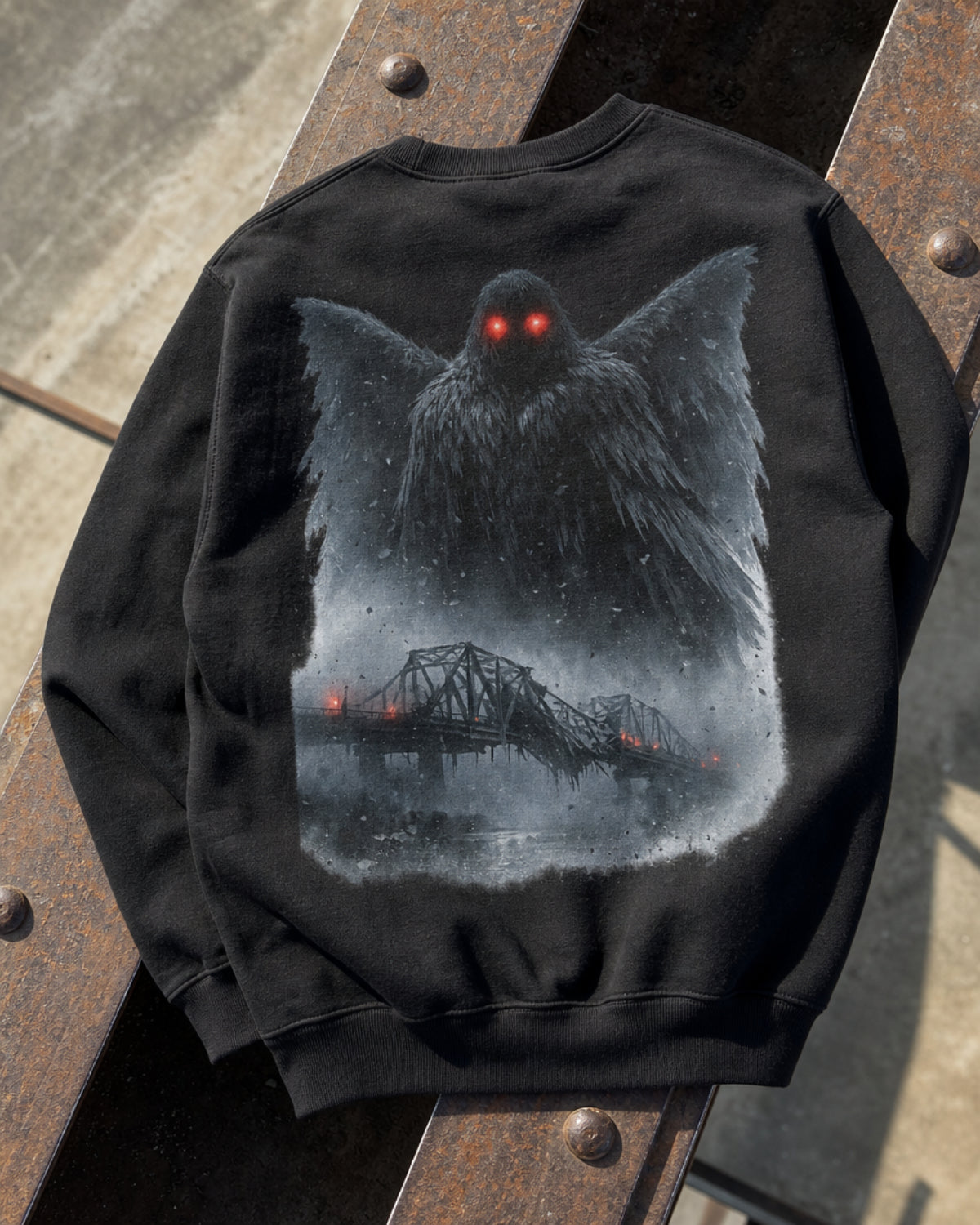 Black Dark Folklore Series Mothman crewneck sweatshirt laid flat as a product photo.