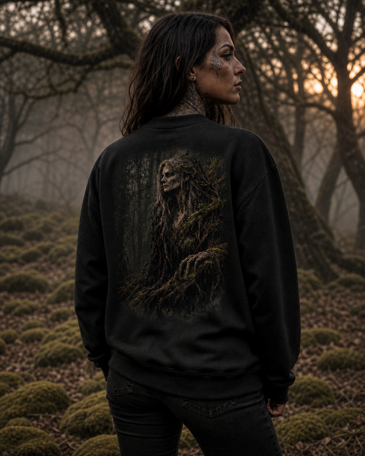 Model seen from behind wearing a black Dark Folklore Series Forest Witch crewneck sweatshirt with the full back Forest Witch print.