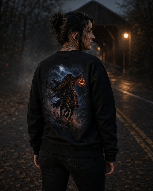 Model seen from behind wearing a black Dark Folklore Series Headless Horseman crewneck sweatshirt with the full back Headless Horseman print.