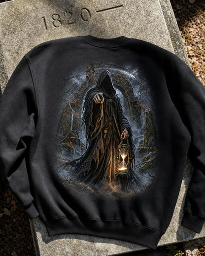 Black Dark Folklore Series Grim Reaper crewneck sweatshirt laid flat as a product photo.