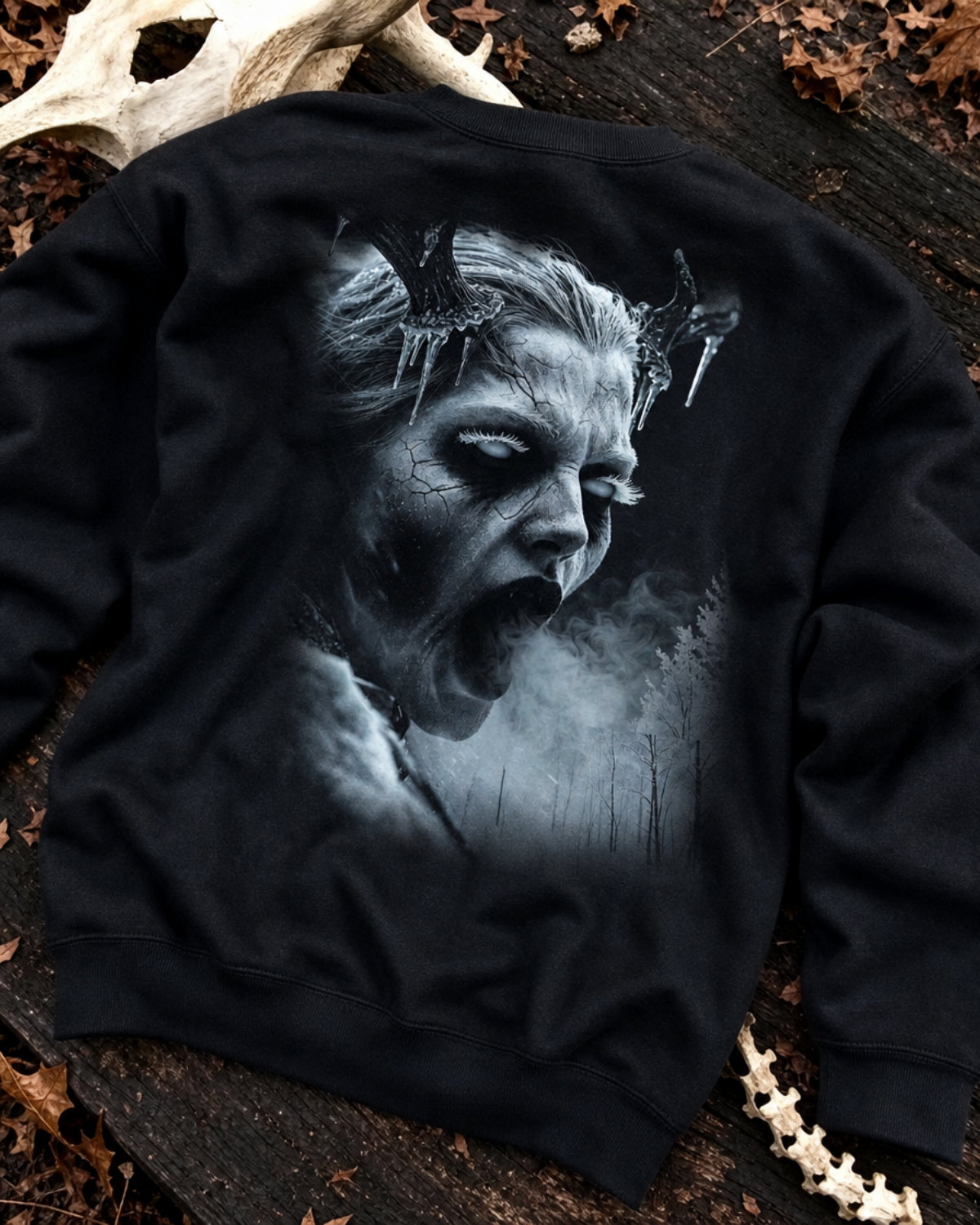 Black Dark Folklore Series Wendigo crewneck sweatshirt laid flat as a product photo.