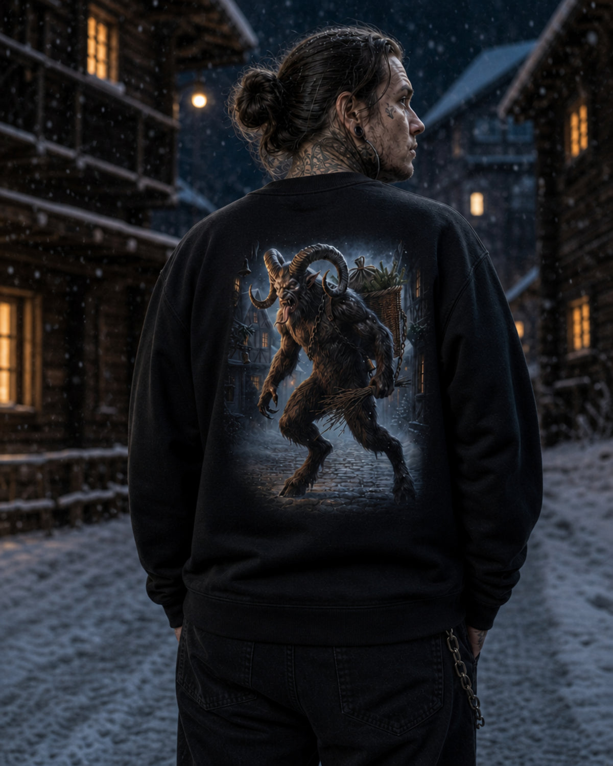 Model seen from behind wearing a black Dark Folklore Series Krampus crewneck sweatshirt with the full back Krampus print.