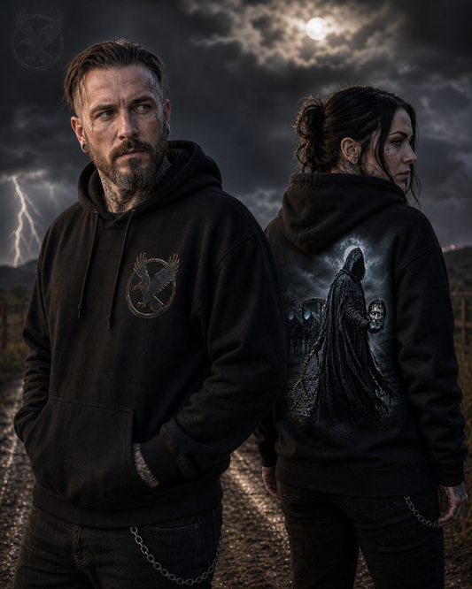 Dullahan dark folklore graphic hoodie on black, headless rider back print