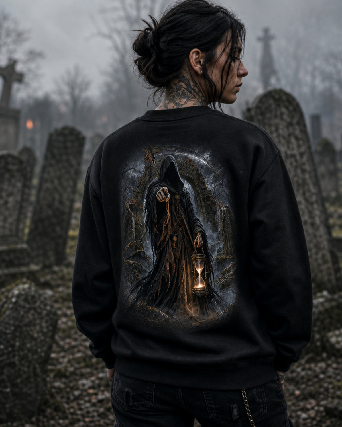 Model seen from behind wearing a black Dark Folklore Series Grim Reaper crewneck sweatshirt with the full back Grim Reaper print.