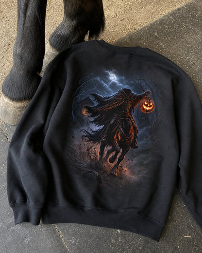 Black Dark Folklore Series Headless Horseman crewneck sweatshirt laid flat as a product photo.