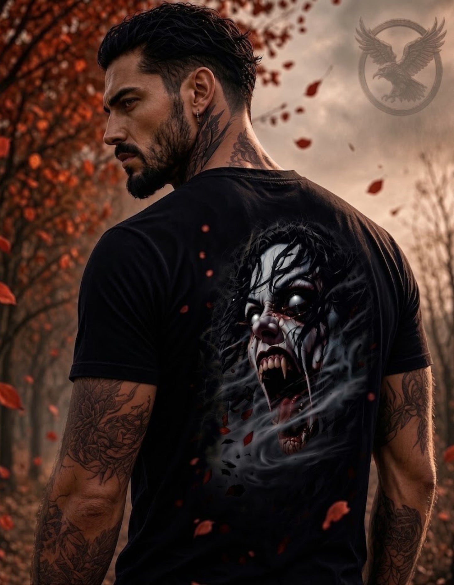 A man shown from the back wearing a black graphic t-shirt with a large horror clown face print on the back