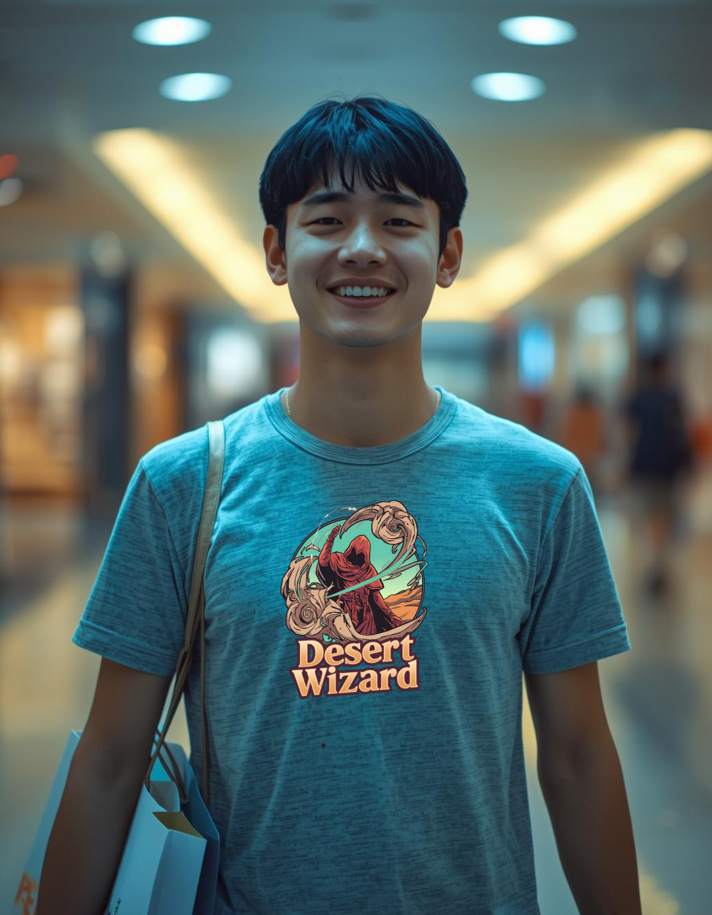 Person wearing a 'Desert Wizard' t-shirt in a mall setting