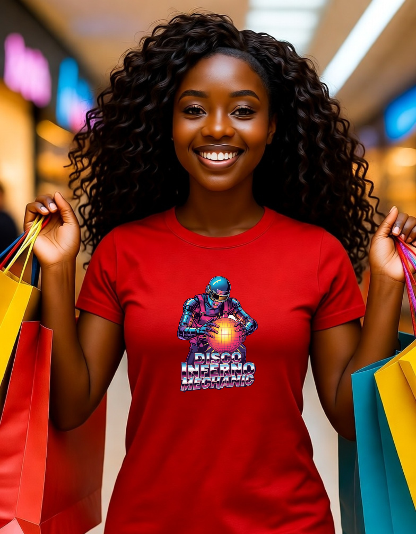 Woman wearing a red t-shirt with a graphic design, holding shopping bags in a mall.
