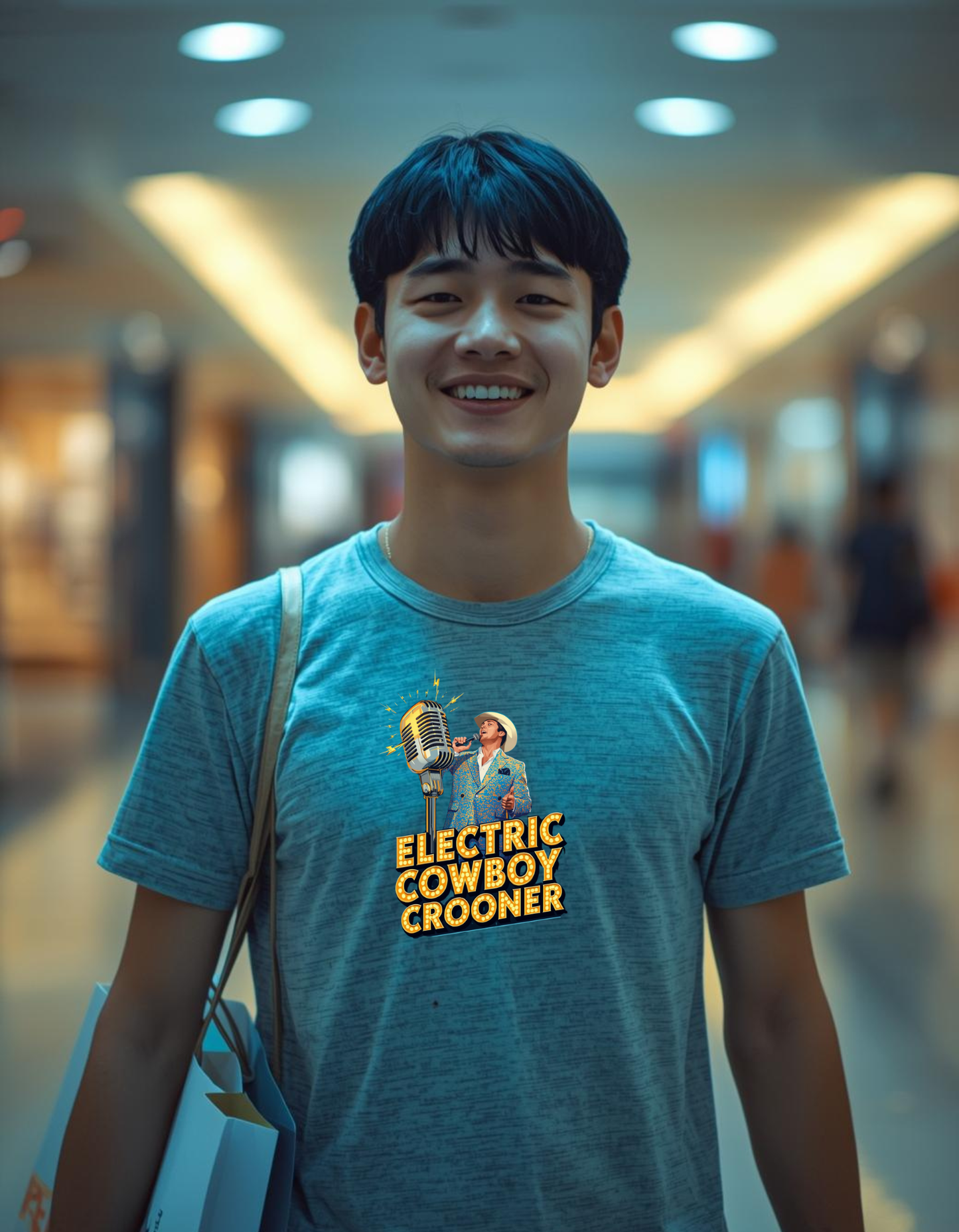 Person wearing a blue t-shirt with 'Electric Cowboy Crooner' design in a mall setting