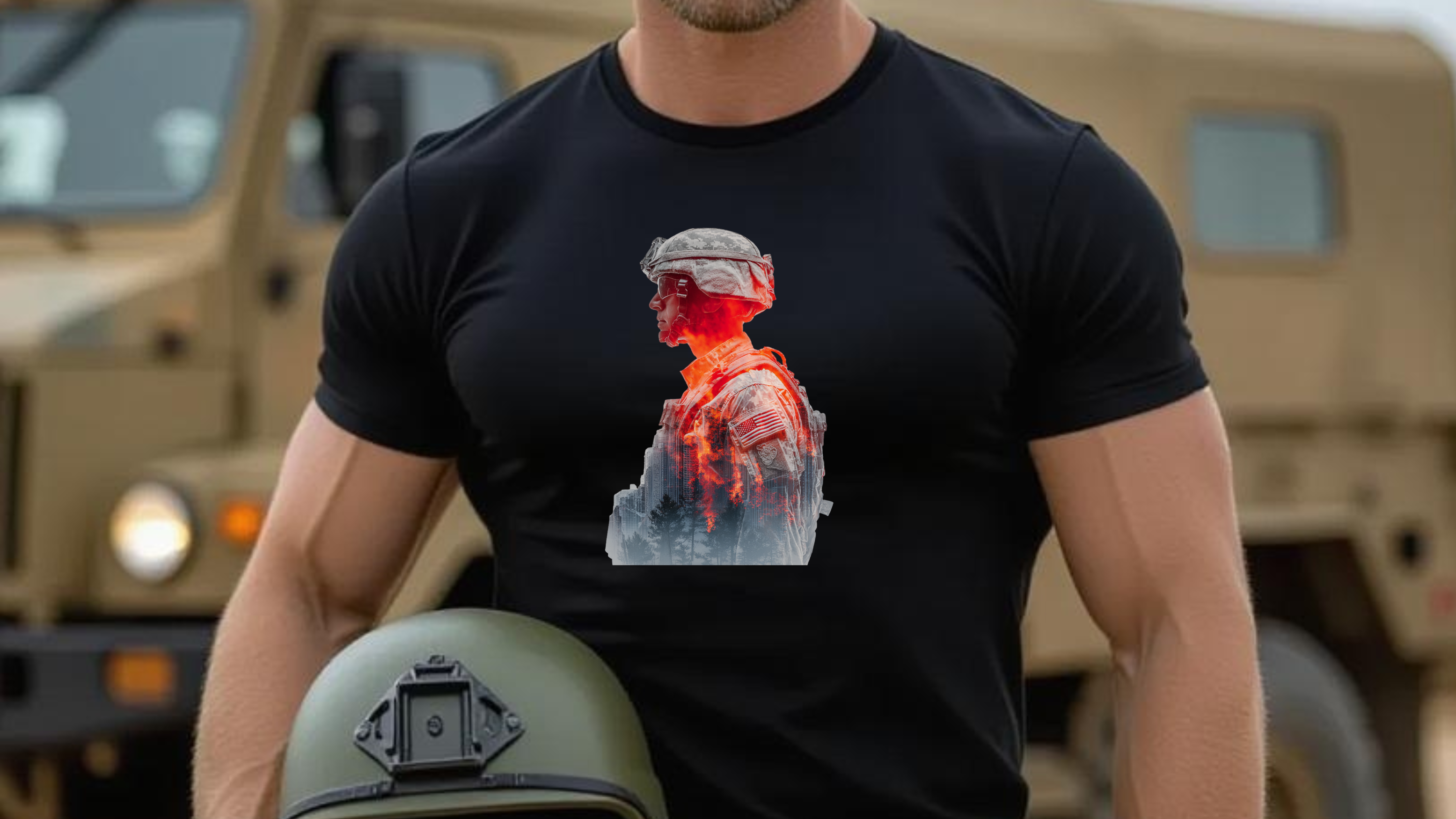 White male 30s blonde fade holding helmet wearing a Veterans Day graphic t-shirt