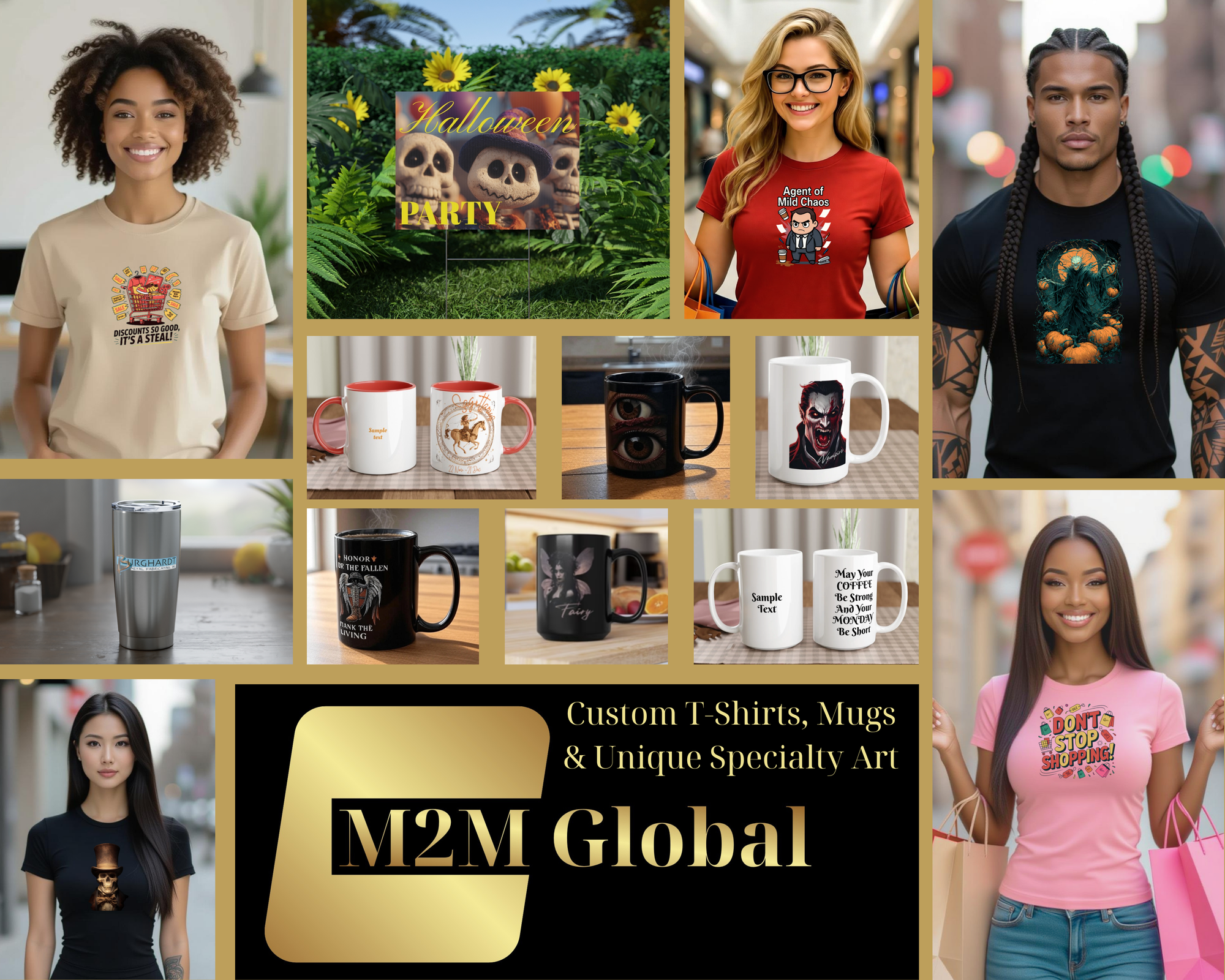 Collage of people wearing custom shirts and holding mugs with M2M Global branding.