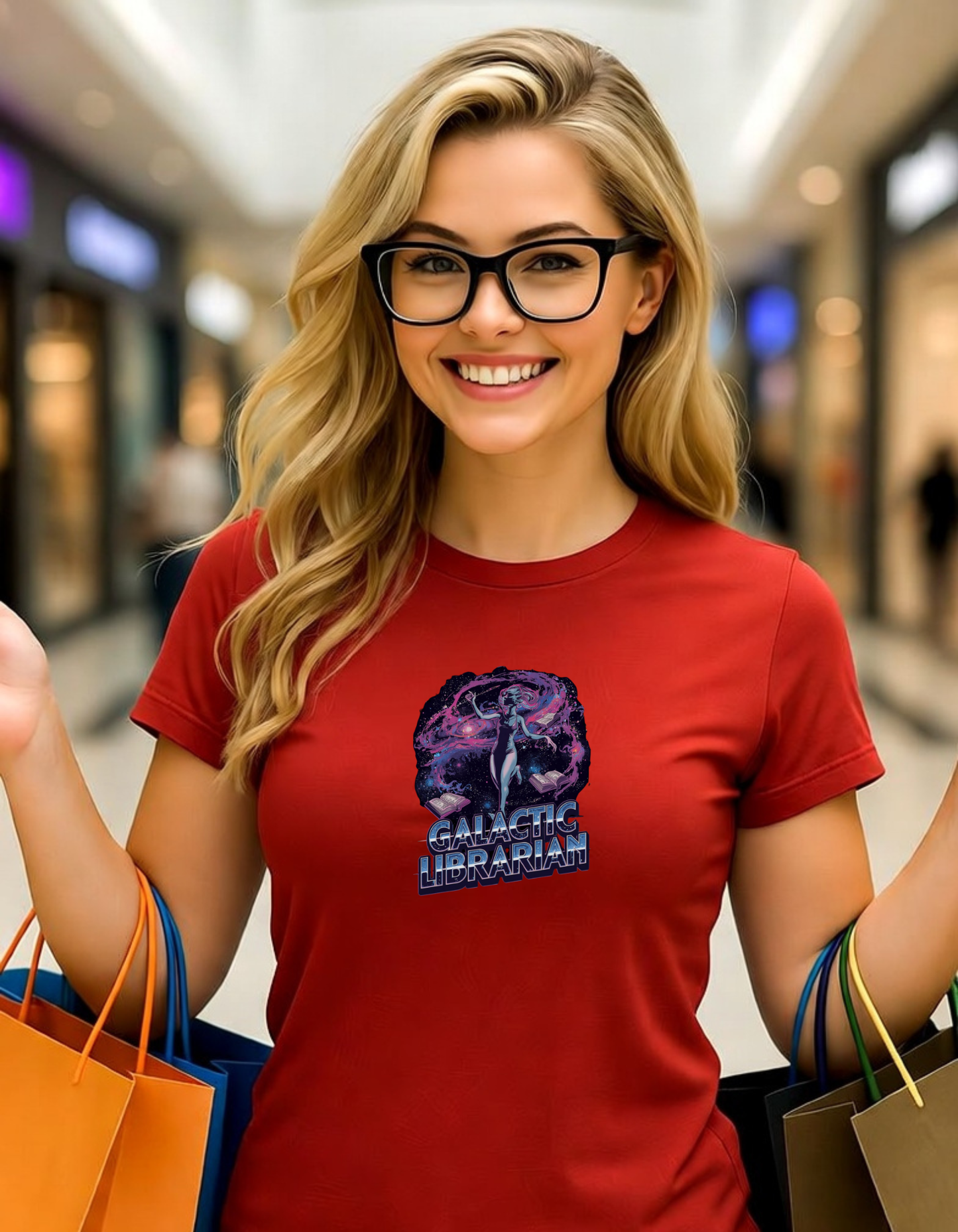 Woman wearing a red t-shirt with a graphic design, holding shopping bags in a mall.