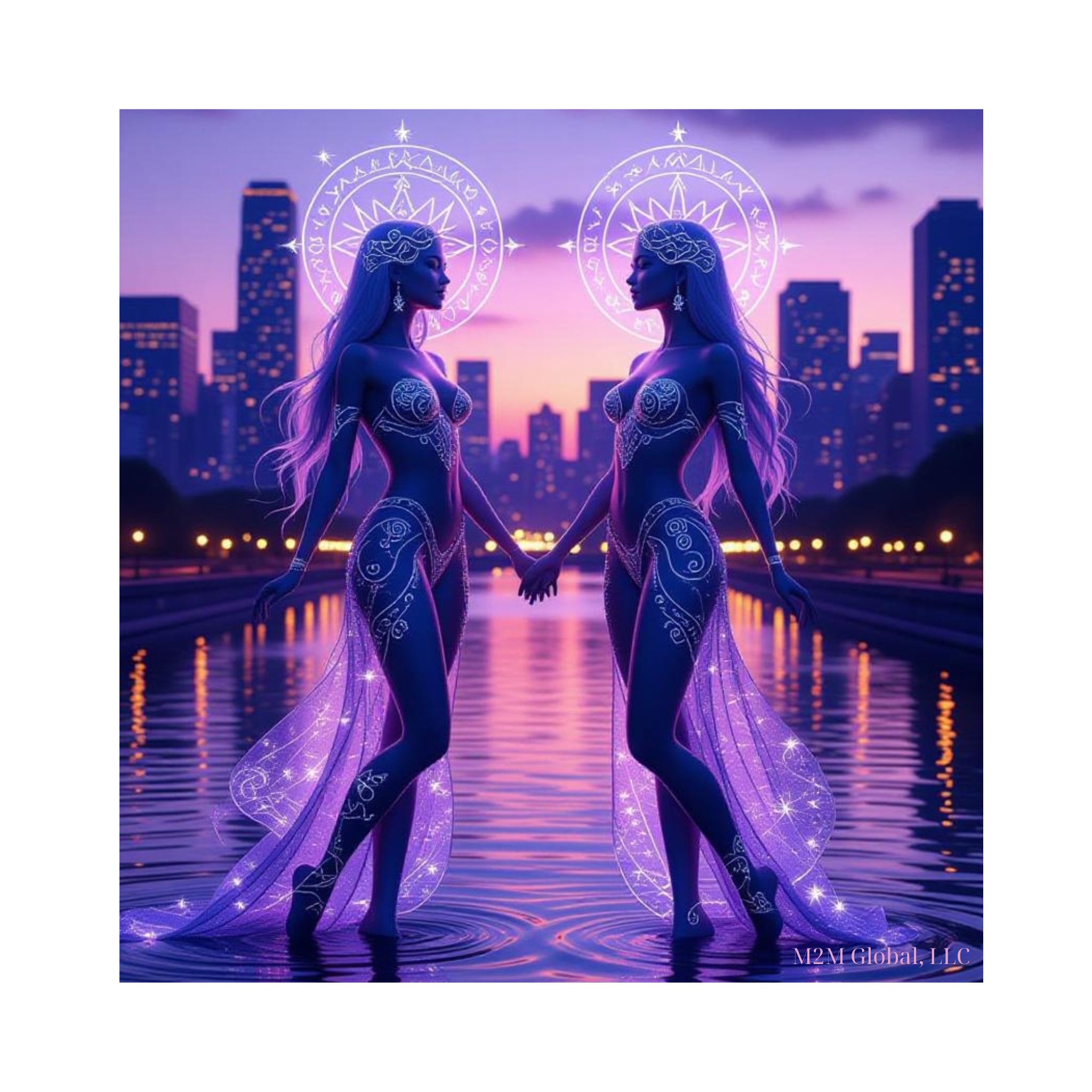 Two women with glowing designs standing in water with a city skyline in the background
