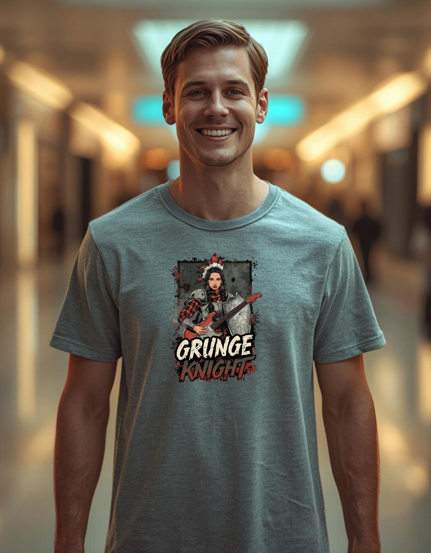 Man wearing a gray t-shirt with a graphic design and text in an indoor setting