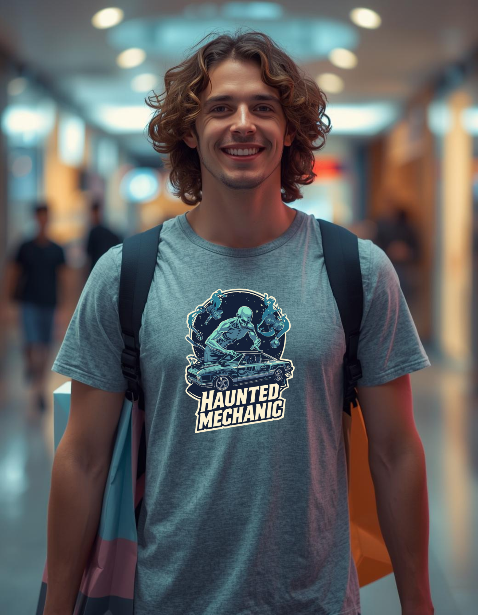 Man wearing a 'Haunted Mechanic' t-shirt in a blurred indoor setting