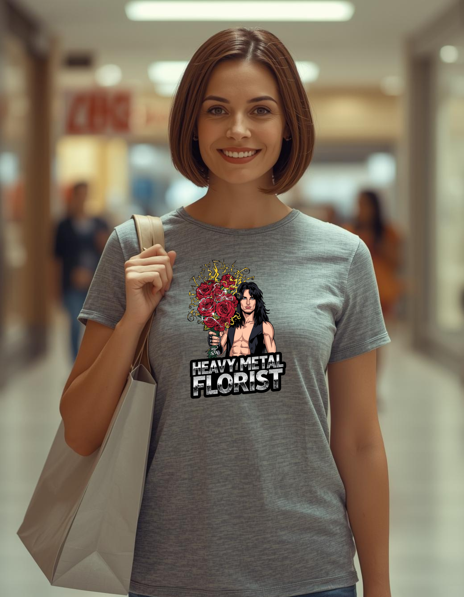 Woman wearing a t-shirt with a graphic design in a mall setting