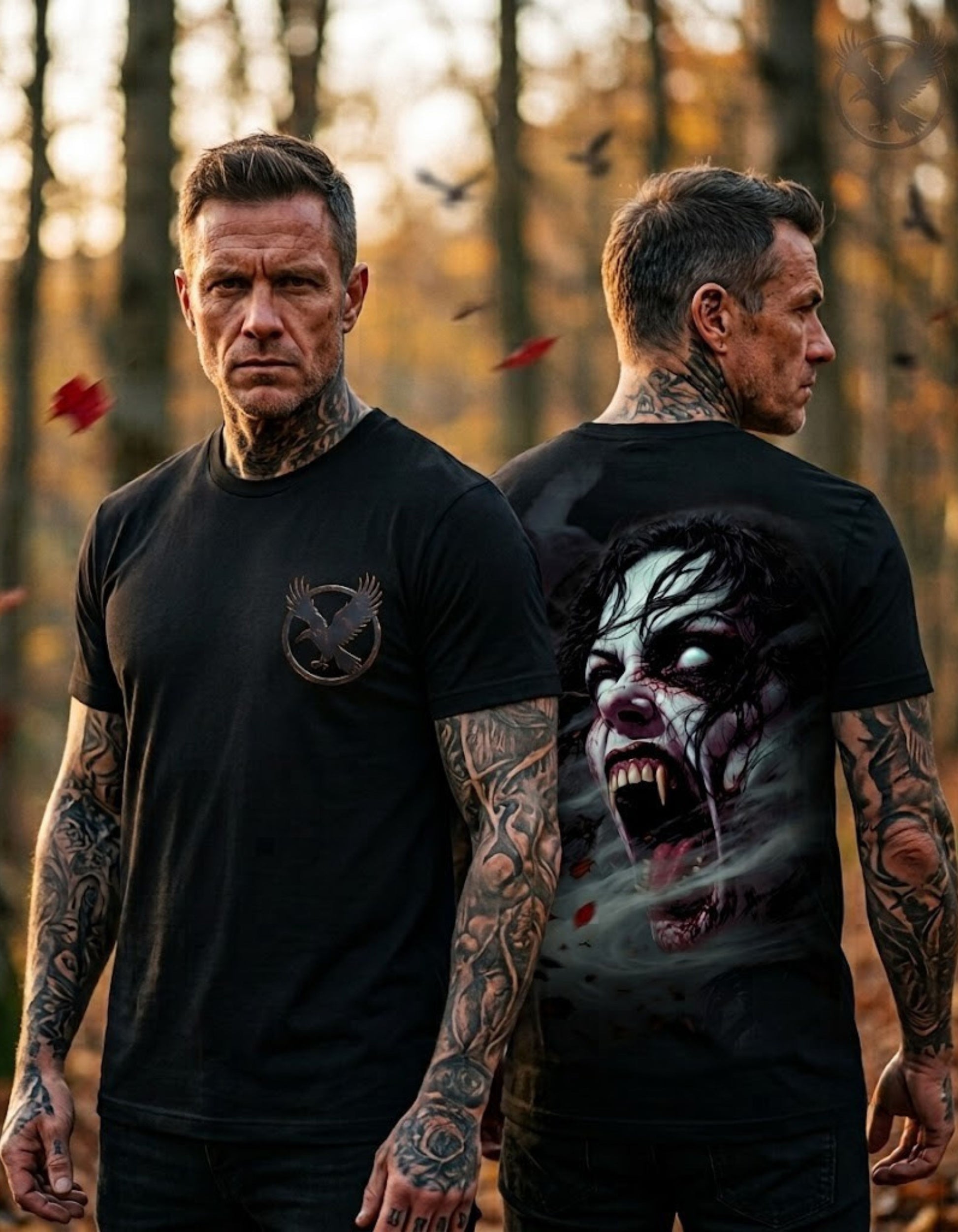 Two views of a man wearing a black graphic t-shirt in an outdoor forest setting. 
