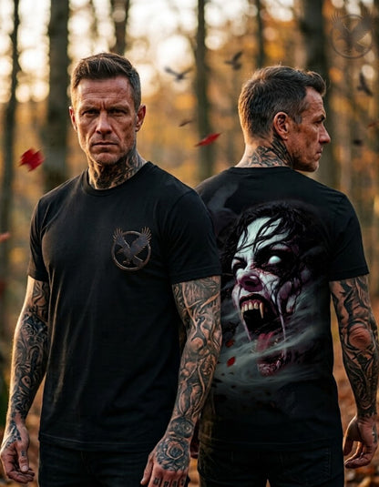 Two views of a man wearing a black graphic t-shirt in an outdoor forest setting. 