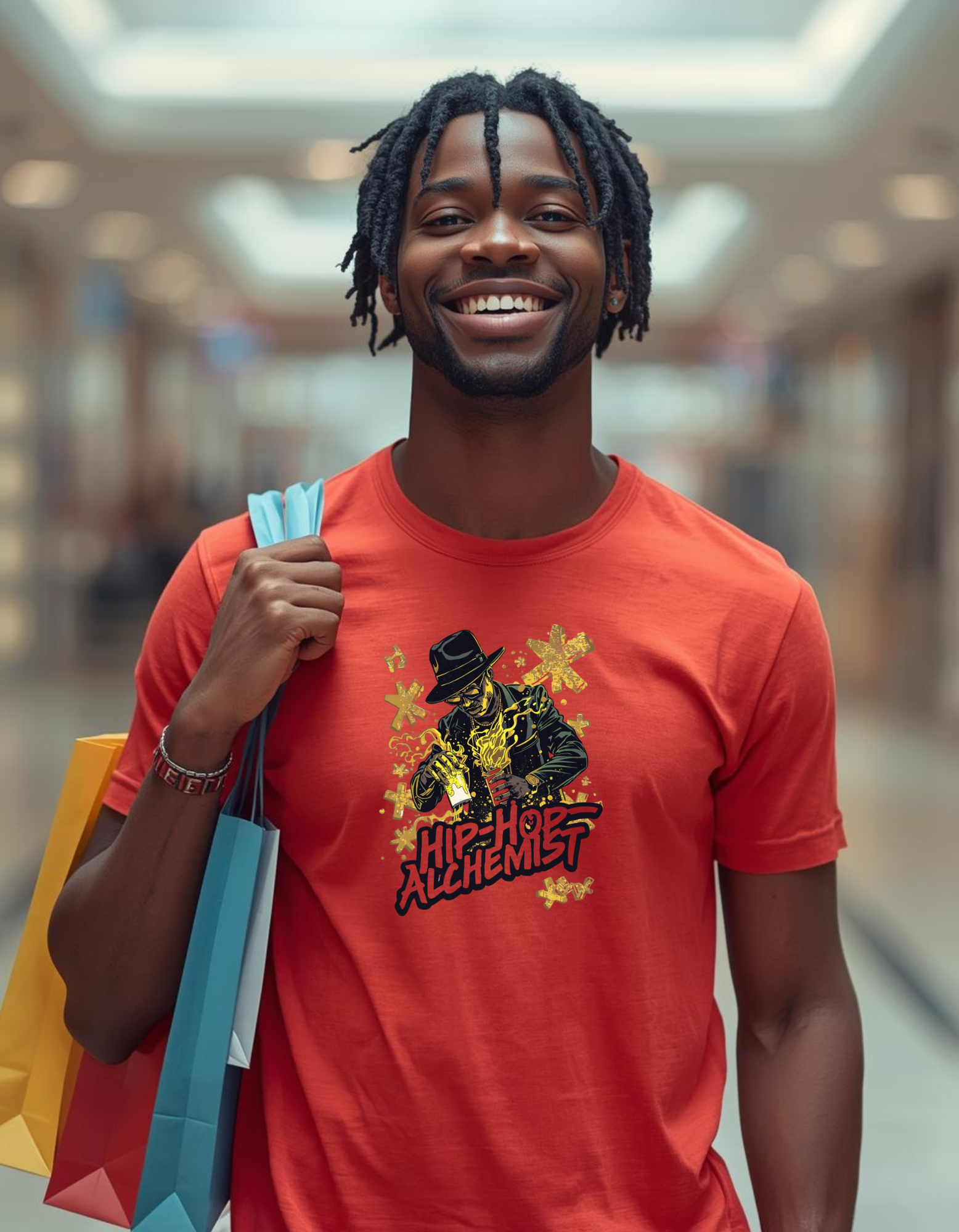 Man wearing a red t-shirt with a graphic design, holding shopping bags in a blurred indoor setting